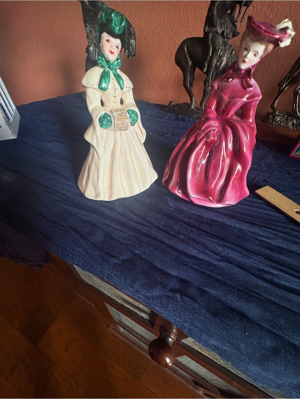 Vintage Ceramic Lady Figurine Pair - Pink and Ivory with Green Accents